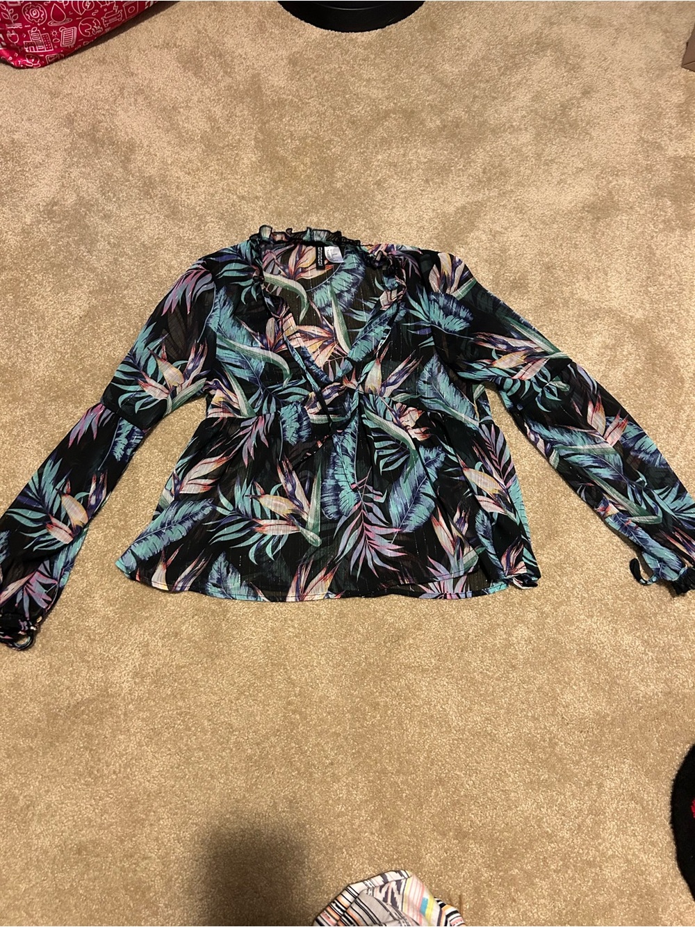 H&M Black Tropical Print V-Neck Tie Blouse with Teal & Lavender Leaves